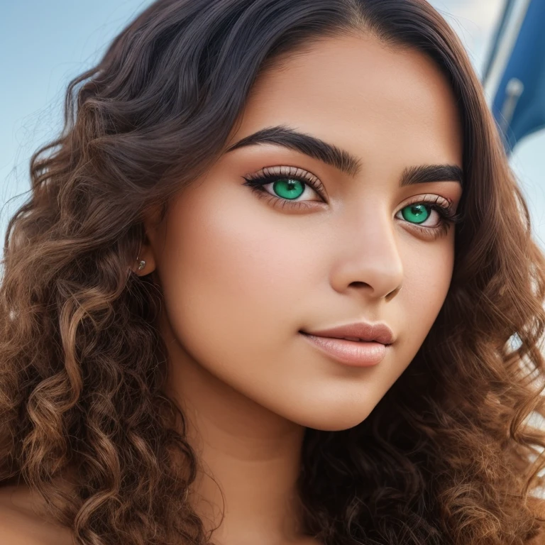 Masterpiece. Best quality, brown-skinned young woman with green eyes and curly hair posing for a picture, soft portrait shot 8 k, beautiful young girl, beautiful image, photo of a beautiful woman, perfect face and eyes, in sexy swim wear, on a yacht, yacht party, taking selfie, with phone in hand, beautiful young woman, beautiful photo, beautiful model girl, extremely beautiful face, very beautiful young woman, beautiful girl model, beautiful lighting 8k uhd, dslr, high quality, film grain, fujifilm xt3
