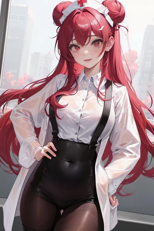 tmasterpiece、Need、1 female student、White cloth bun bun bun、Shoulder leakage、The chest is large、chubbiness、ssmile、Black suspender tights、lace leggings、pale pink lip、posing at school，（drenched all over the body），legs are open， 独奏, White polo shirt, looking at viewert,  (Thigh thick:1.0),Yazawa Nico,red eyes, face flushed,Blunt hair,both hands on hip，greet，Flower headdress，Nurse's uniform
