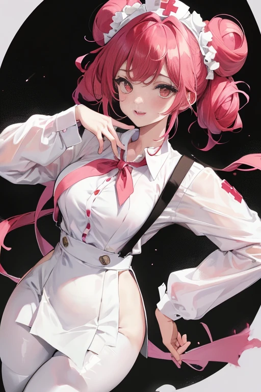 tmasterpiece、Need、1 female student、White cloth bun bun bun、Shoulder leakage、The chest is large、chubbiness、ssmile、Black suspender tights、lace leggings、pale pink lip、posing at school，（drenched all over the body），legs are open， 独奏, White polo shirt, looking at viewert,  (Thigh thick:1.0),Yazawa Nico,red eyes, face flushed,Blunt hair,both hands on hip，greet，Flower headdress，Nurse's uniform