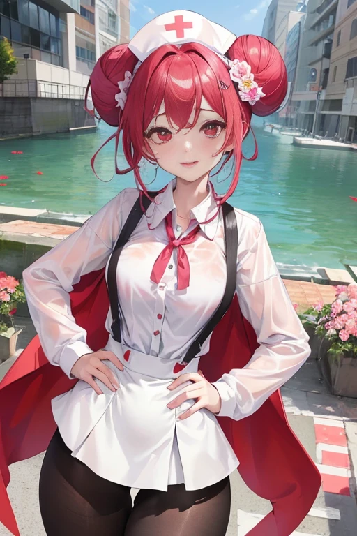 tmasterpiece、Need、1 female student、White cloth bun bun bun、Shoulder leakage、The chest is large、chubbiness、ssmile、Black suspender tights、lace leggings、pale pink lip、posing at school，（drenched all over the body），legs are open， 独奏, White polo shirt, looking at viewert,  (Thigh thick:1.0),Yazawa Nico,red eyes, face flushed,Blunt hair,both hands on hip，greet，Flower headdress，Nurse's uniform