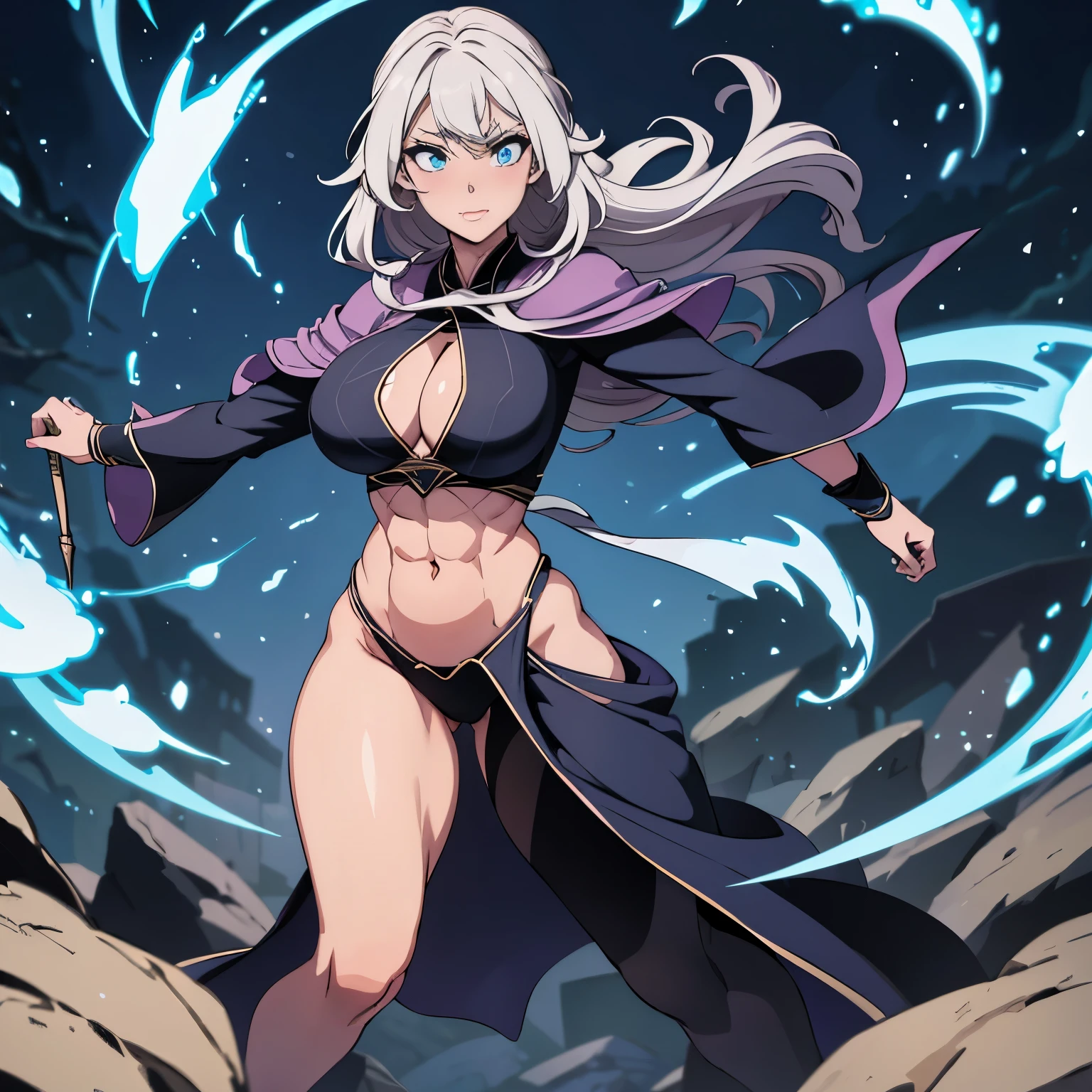 great quality, (1 woman), very focused face, diamond face, perfect eyes, (wearing mage robe), mage robe, strong shadows, full body, detailed face, (casting spell), blue flashes of light, in battle, detailed abs, shinying eyes, (masterpiece), direct light, underlight, strong jaw, (large boobs), massive ass, thick thighs, (long torso), wide waist, skinny torso, fit, perfect face, sexy, (blushing),