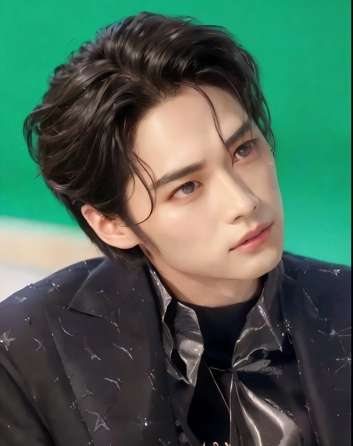 un primer plano de una persona vestida con camisa y corbata negras, Yanjun Chengt, Jung Jaehyun, Cai Xukun, Hyung Tae, Sha Xi, Jinyoung Shin, Minchen Shen, Foto de perfil de la foto de cabeza, Taejune Kim, Un hombre guapo，pelo corto negro, Kim Doyoung, Zezhou Chen, Handsome prince, Wan adorable cara coreana, Daoshi