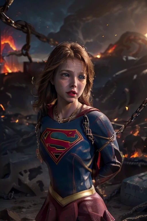 op quality, masterpiece, 16K, (raw photo, hyper realistic:1.1), highest resolution, (professional photo, ultra detailed:1.3), (natural lighting, depth of field, character focus, best aesthetic:1.2), 3D, BDSM, (highly detailed skin texture, intricately detailed face:1.4), (perfect anatomy:1.5), ((from front view:1.4)), pov, outdoor, erupting volcano, massive magma, flowing magma, ((1 supergirl:1.5)), (upper body:1.5), looking at viewer, solo, (caucasian, blue eyes, beautiful eyes, tall nose:1.4), naturally detailed nose and lips, embarrassed, ((arms behind back, chain bondage, restrained:1.4)), slender, beautiful breast, ((buried in magma:1.5)),