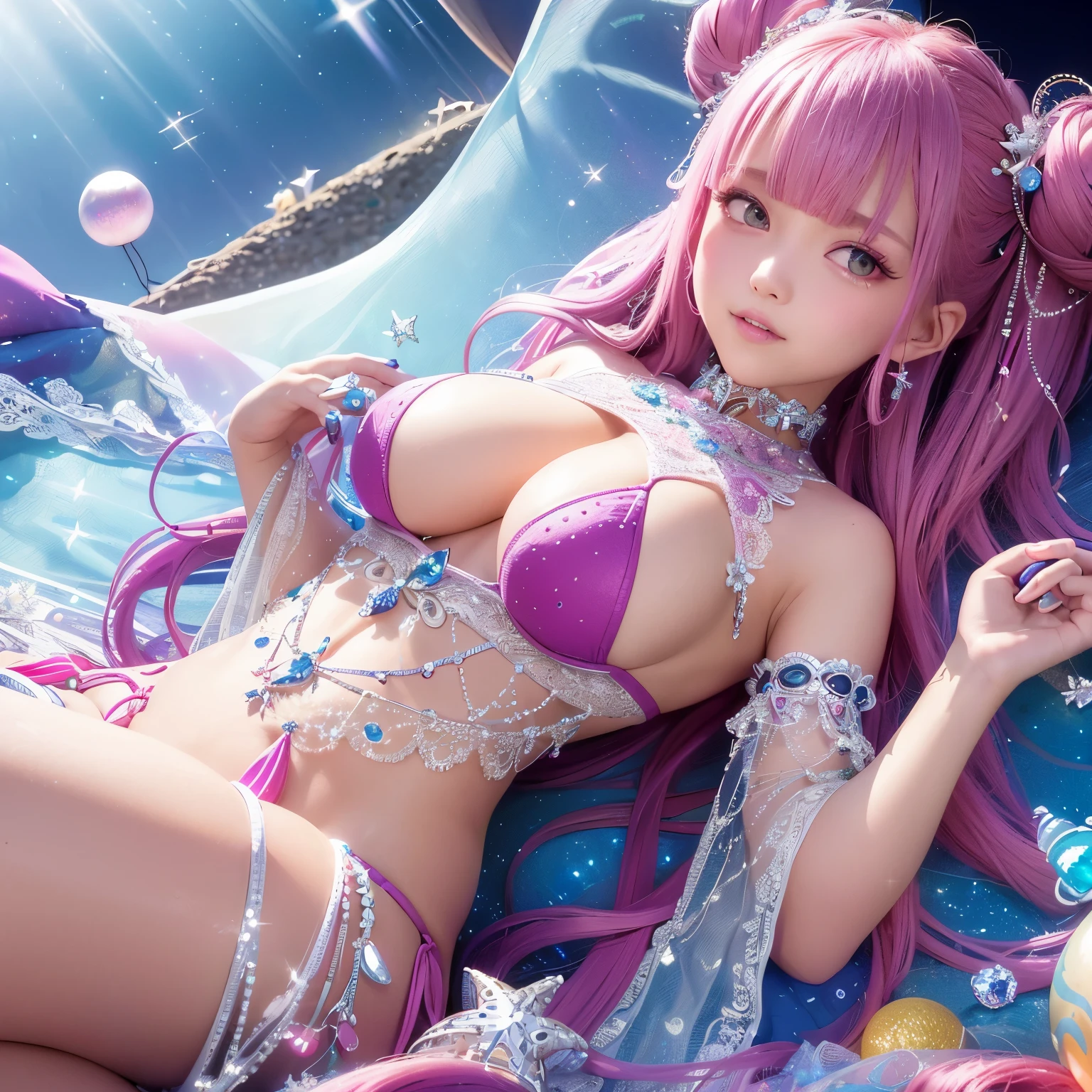 The upper part of the body、one girls、I have dark blue hair color、Two-tone、(Pink Highlight Hair、Bun hair、very Bigger breasts、Lace Bikini(sparkling jewel design)Sparkling jewel lace decoration on the body、Countless glowing spheres float、Glowing soap bubbles、Looking at the camera、beach side、shining beach umbrella、