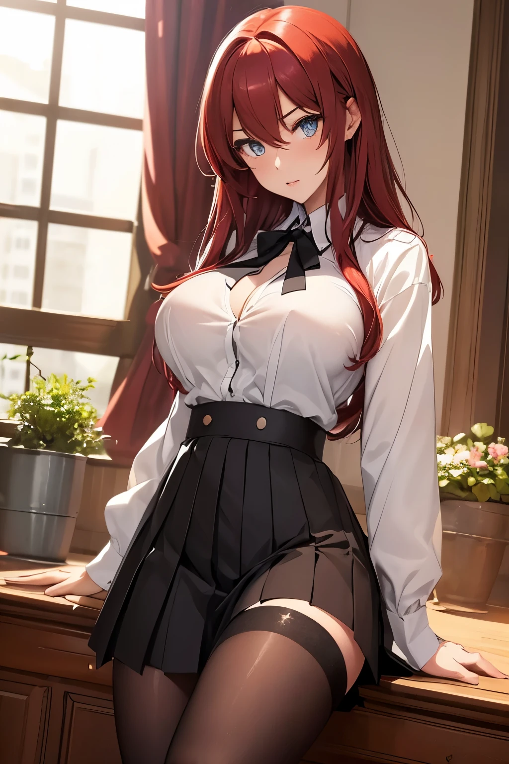 (Masterpiece:1.2, high quality:1.2), (solo:1.2), (1girl:1.2), (pixiv:1.4), (Rias gremory), indifferent, (glare:0.8), crimson red hair, wavy long hair, sharp bangs, crystal green eyes, (detailed eyes), double eyelids, black eyeshadow, long eyelashes, pale red lips, beautiful face, detailed face, neckline, busty cleavage, (beautiful round breats:1.2), school uniform, unbuttoned shirt, pleated skirt, skirt lift, white panty, exposed pantyhose, detailed pussy, (pov from below), stockings, leaning on desk, beside window, windowsill