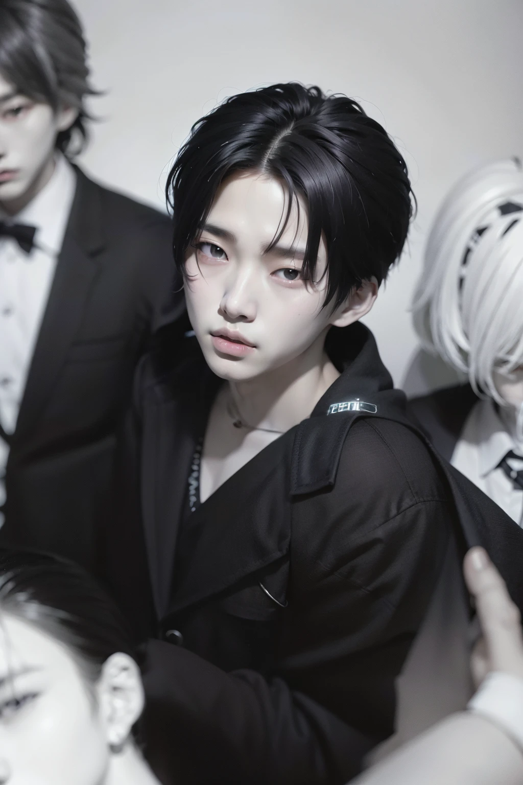 un primer plano de una persona sentada entre una multitud con un sombrero, Jung Jaehyun, wry smirk, por Tadashi Nakayama, Yan, young wan angel, Jinyoung Shin aesthetic, Hyung Tae, Todos del grupo NCT, diez Lee, Daoshi, with high cheekbones, Jinyoung Shin, Mark Lee, por Zhang Han, Yanjun chengt