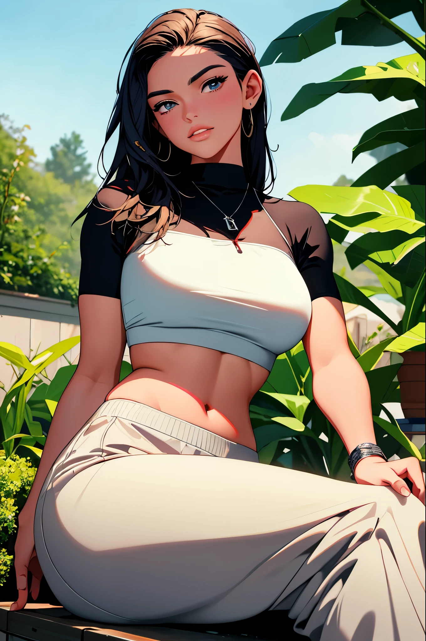 (m1n1jello:0.6), crop top, sweatpants, muscular, wide hips, large breasts, thick thighs, standing, looking at viewer, sitting, in garden, slim, slender, looking at viewer, (masterpiece), (best quality:1.2), absurdres, intricate details, (highly detailed skin:1.2),, photorealistic, beautiful women, best quality, (masterpiece:1.3), closed mouth, looking at viewer,(highly detailed face:1.erfect face, full lips,
Base Negative 2.0,,jewelry