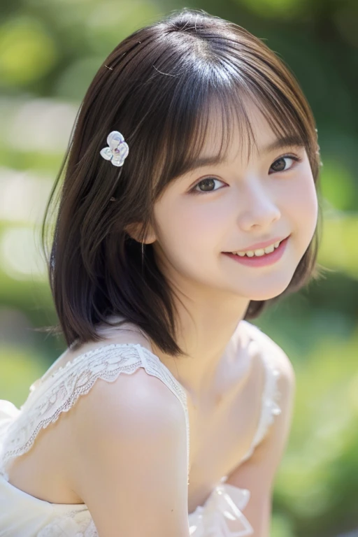 (((masterpiece))), (Two beautiful Japan girls, classmates, Innocence,kawaii) ,超A high resolution, Realistic, ultra-detailliert, 8K,top-quality, Extremely detailed, Detailed background,A slender,very beautiful japanese girl, Detailed face:1.3), (Cute short hair,A dark-haired :1.4), (a ,kawaii系,adorable 14 year oPerfect body:1.1), white lace short dress、Bursting smile、rosy cheeks,Super Detailed Face、Detailed lips、A detailed eye、small gravure idol,Off shoulder beautiful clavicle、beautiful thigh,Transparent skin、Lori,Early summer scenery、Wakaba