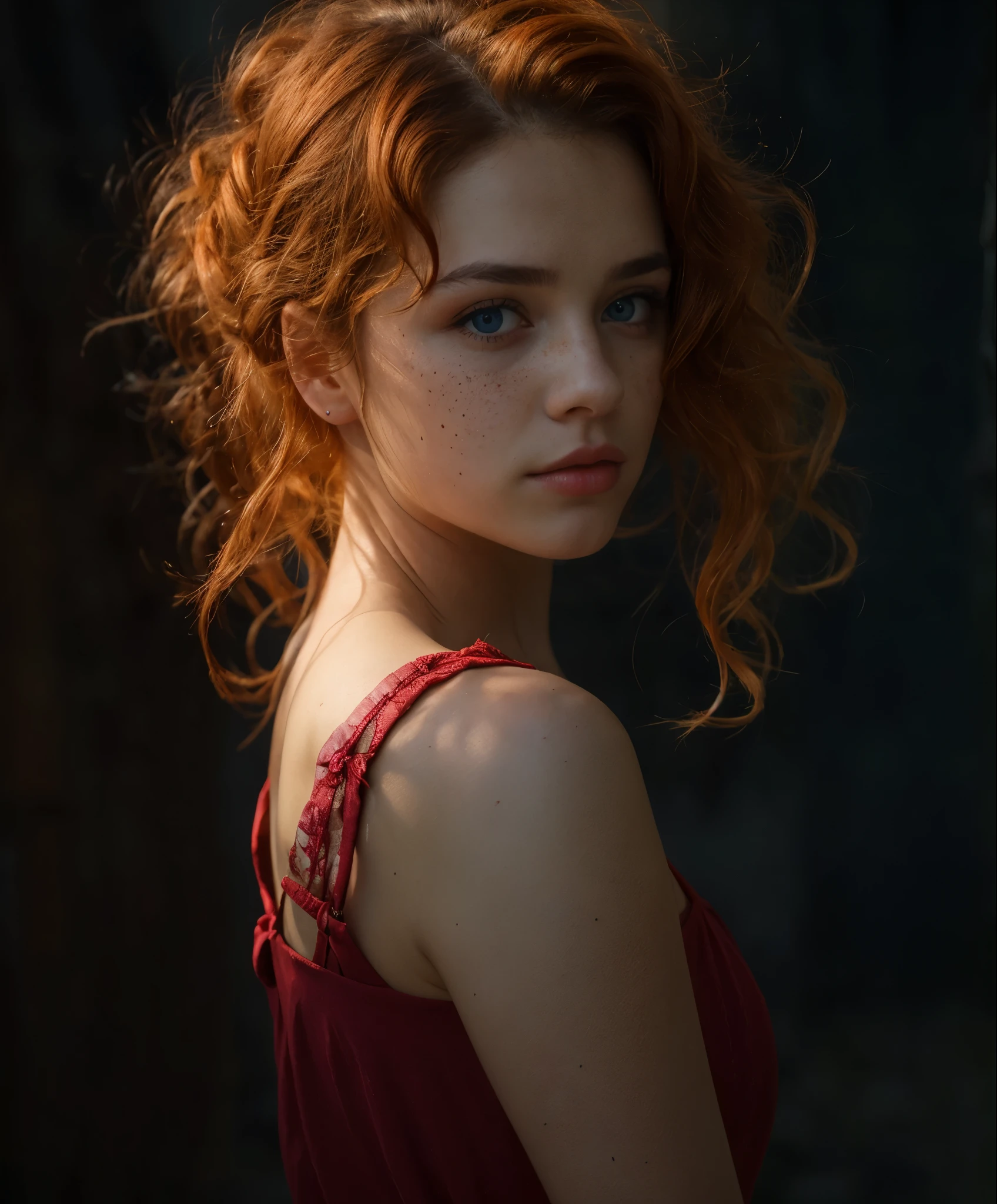 1 girl, Alone, freckle, eBlue eyes, looking at viewert, cparted lips, actual, sportrait, curlies, exposed bare shoulders, curlies, orange color hair, nase, redheadwear, red cparted lips, parted cparted lips, eyeslashes, back to look back