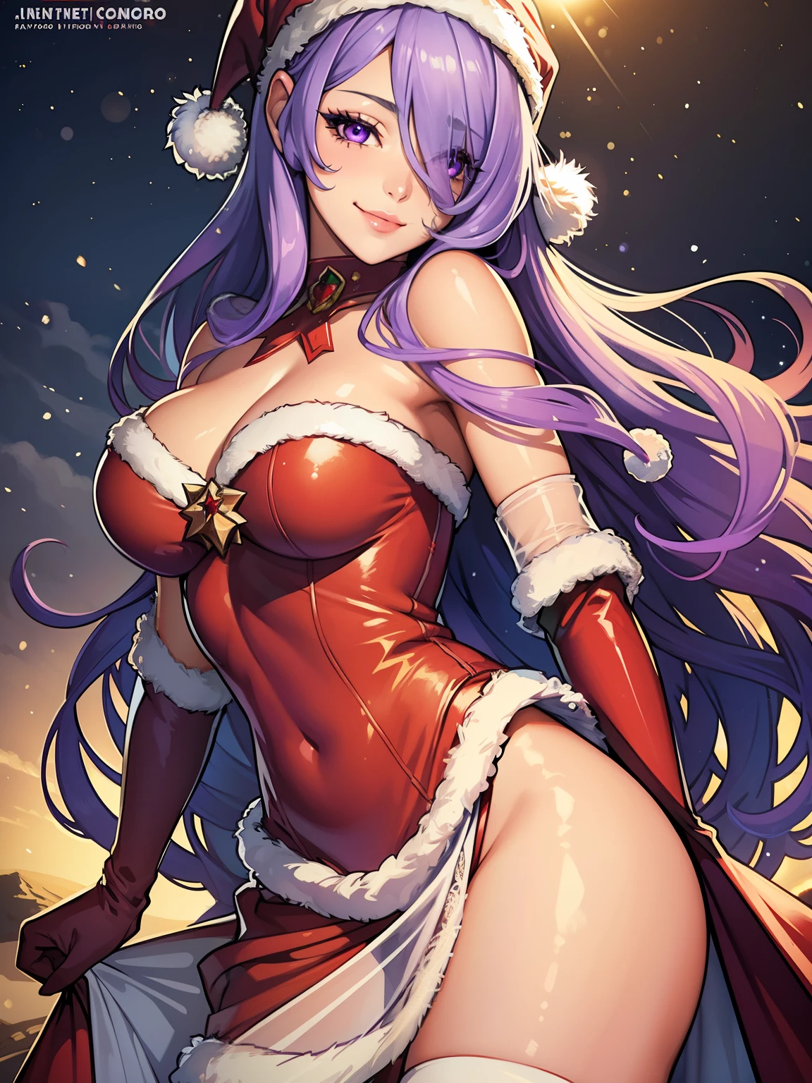 1girl, solo, masterpiece, best quality, high res, highly detailed, (illustration), beautiful detailed eyes, defCamilla, purple hair, hair over eye ,glossy lips, light makeup, warm smile, long white satin elbow gloves ,cowboy shot, (santa), red santa dress, full body, elbow white gloves, long white gloves