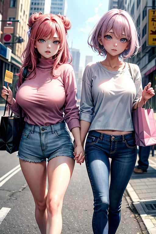 (Best Quality, 4K, 8K, hight resolution, masutepiece:1.2), Pink hair、bobhair、her breasts are beautiful and big。In the middle of a scramble crossing。crowded with passersby。Stand still and pull down pants、Showing sheer panties。shame。twinsies。Shopping while holding hands。Wearing a large white coarse sweater and denim pants。