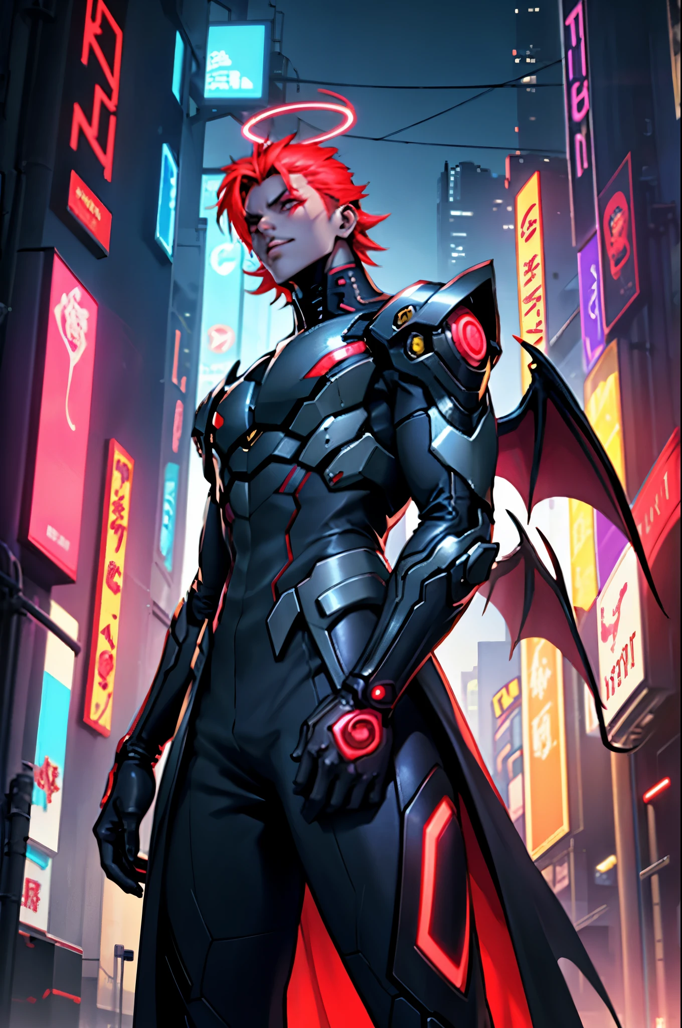 In Cyber punk city, a tall boy standing in angle appearance having devil wings on his back and halo ring over his head , his dress is light with small reflections of golden aura mixed with redness, side portrait,half body, in crowd looking straight, Cyber punk city lighting in background, 3d anime, niji anime, detailed face, badass looking