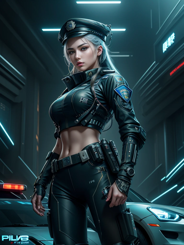 Highest image quality，excellent details，超A high resolution，Police of the future，She wears a futuristic SWAT uniform，She was standing in front of a police car，so sexy，Robust body，Sexy and durable，Detailed abs，Detailed muscle lines，dynamicposes，the night，Futuristic city street view background，neon light，sense of science and technology，FutureTech，Highly detailed cyberpunk style，Cyberpunk Personality，Highly detailed policeの制服，Highly detailed policeの帽子，Highly detailed police，Highly detailed policeバッジ，Highly detailed armband，Highly detailed policeストリップ，Highly detailed epaulettes，Wear a police hat，Highly detailed electric baton，Highly detailed guns，Guns of the future，intercom，Wireless Devices，Highly detailed handcuffs，Highly detailed police装備，Highly detailed police car，Police car of the future，frontage，Full body photo，Look from the bottom up，look from down, looking at viewert，mechs