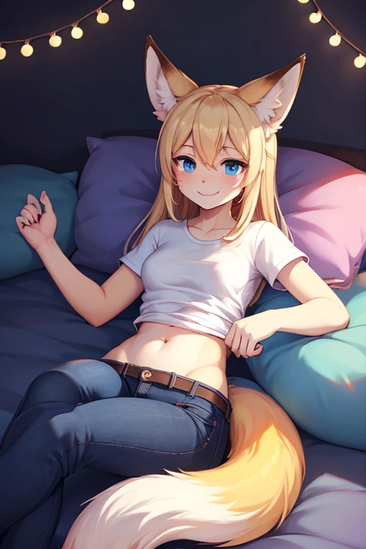 focus on body and face, beautiful lights and shadows, long blonde hair, blue eyes, fox boy with fluffy blonde fox ear, laying on back, jeans and a shirt, smiling, confident, fluffy tail, background of a room, body whole must be shown, tail must be shown