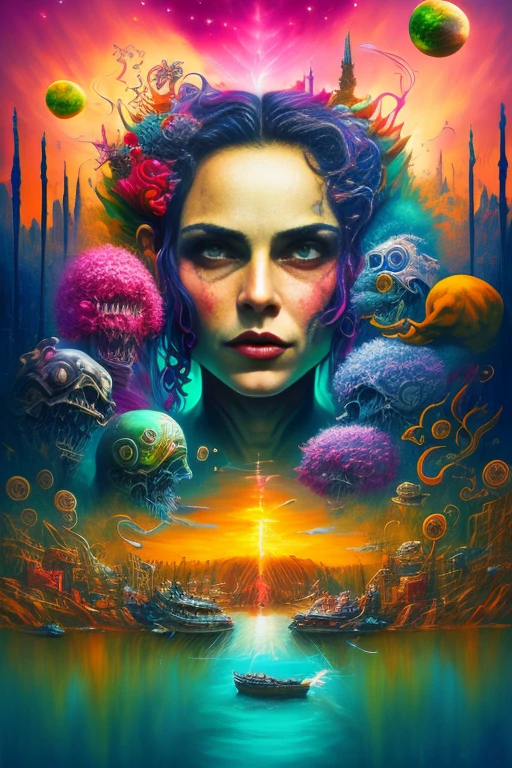 Mixed media art,vibrant colors,chiaroscuro,(best quality,4k,8k,highres,masterpiece:1.2),ultra-detailed,(realistic,photorealistic,photo-realistic:1.37),HDR,UHD,studio lighting,ultra-fine painting,sharp focus,physically-based rendering,extreme detail description,  dreamscape, hell, heaven, nightmare, lusr, sex, multiverse, space rifts, lovecraftian, gothic bounty hunter, vivid colors,bokeh,portraits,landscape,horror,sci-fi,concept artists,silvestri,disney,newton, bosch, klimt, Dali, surreal, psychodelic, 60s, 70s,