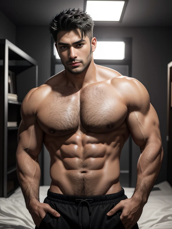 8K，(8K分辨率)，Muscular blacks, cool guy，Sexy, bright and charming eyes，Melancholy Look，Dark skin, Smooth and shiny，chest muscle，chest hair body hair，Raised big breastarechested，Naked，茂密的chest hair body hair， white colors，Seven-doppelganger photo，Big bag raised and visible，Bad lauest qualtiy，profesional lighting，professional photoshooting，Real photos，realistic model，photorealistic  art