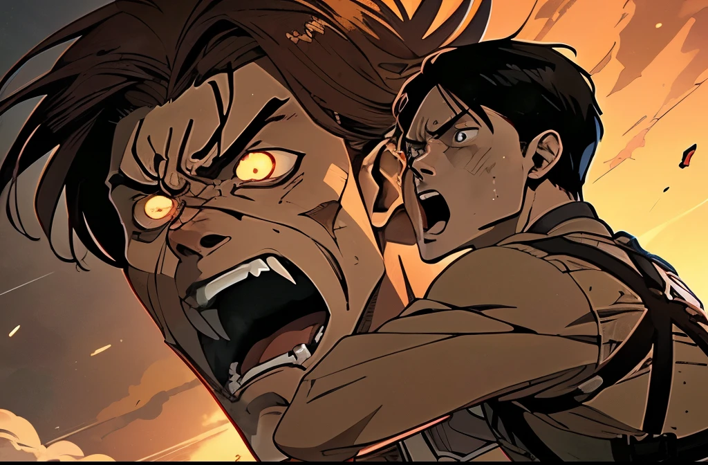 1boy, 1titan, cabelo estilo Sam Winchester, 1boy is being welcomed and protected by 1titan from the attack ((do anime attack on titan)), the protagonist is screaming with hatred for the spectator and the titan (( titan de ataque alto e seus olhos brilhando marrom claro, fierce expression)), is also letting out fierce roar by spectator