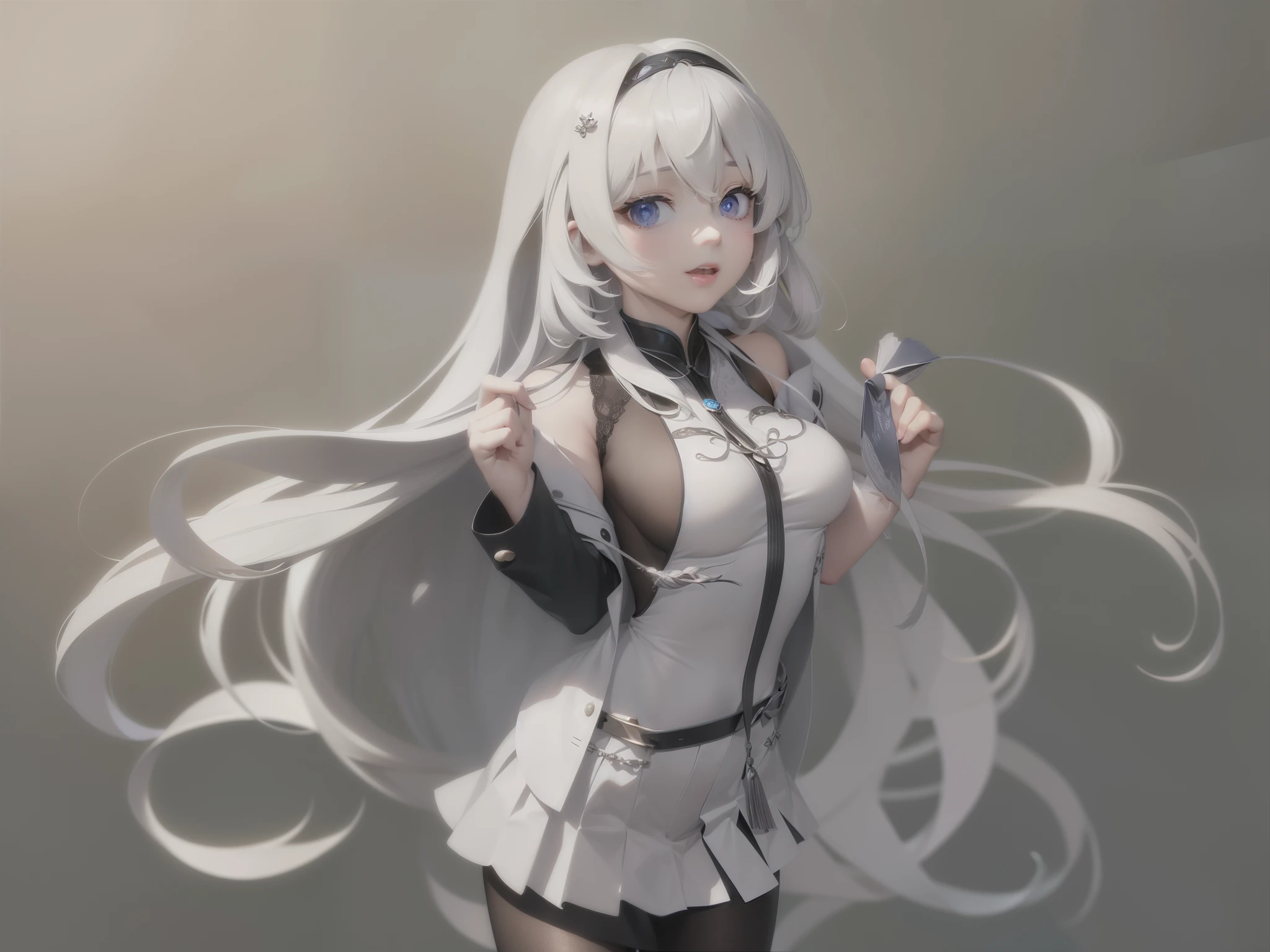 long white hair,cute,gray skirt,gray coat,white shirt,fair skin,Blue eyes,open mouth,long hair shawl,on the chest,big breasts,object on breast,(Realistic,真实感:1.4),(1 beautiful women:1.3),(beautiful countenance:1.5),Delicate and glowing skin,詳細な目,Precise hands and fingers,8k high dynamic range, , masterpiece, (Dynamic angle video),电影灯光, Well-drawn background