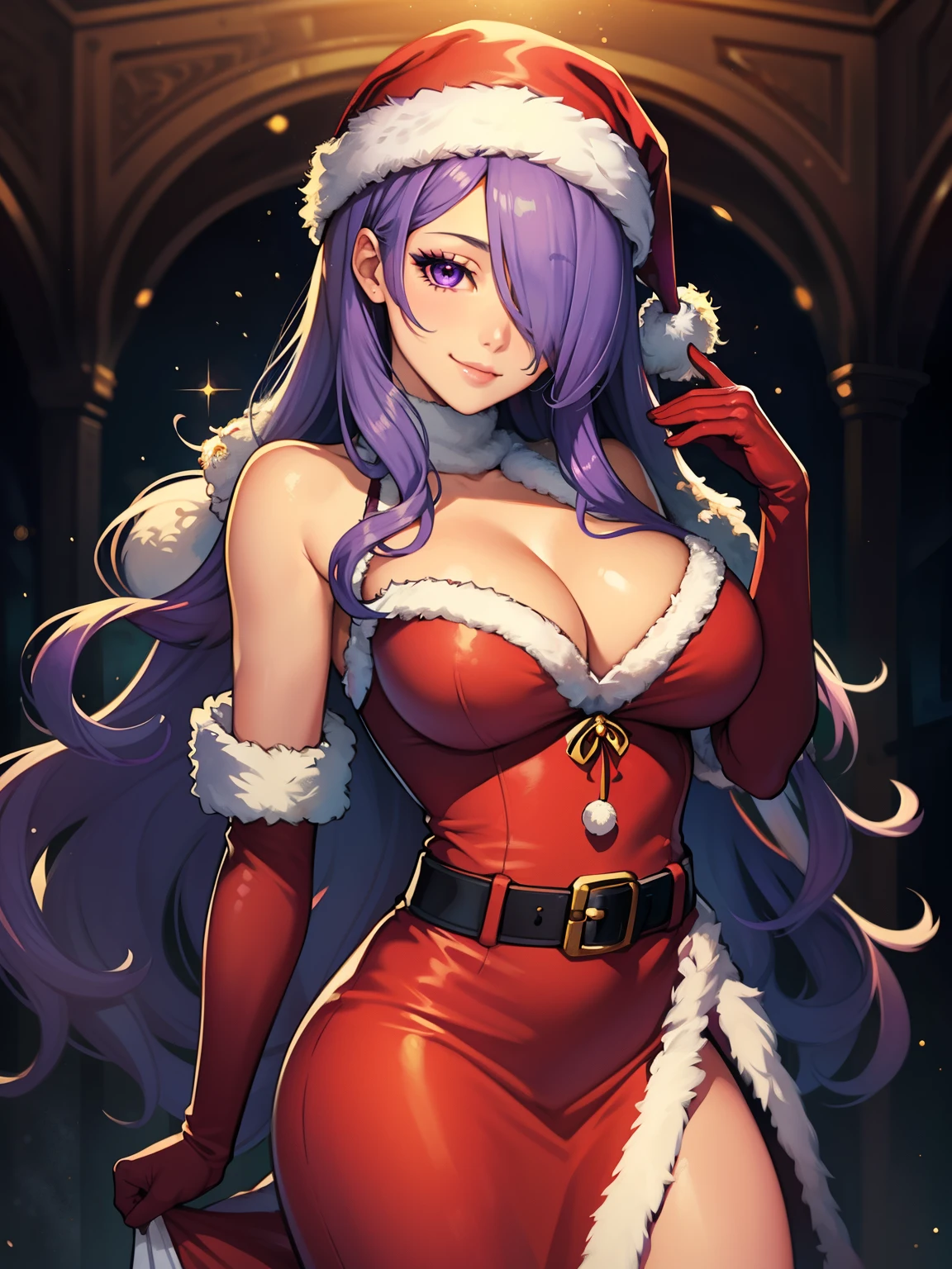 1girl, solo, masterpiece, best quality, high res, highly detailed, (illustration), beautiful detailed eyes, defCamilla, purple hair, hair over eye ,glossy lips, light makeup, warm smile, long white satin elbow gloves ,cowboy shot, (santa), red santa dress, full body, elbow white gloves, long white gloves