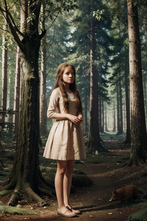Illustration for a fairy tale about a girl, standing in the woods, who knows how to talk to animals