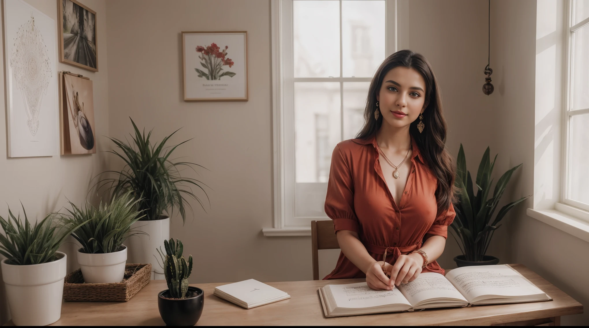 8k, masterpiece, RAW photo, best quality, photorealistic, extremely detailed CG unity 8k wallpaper, Depth of field, Cinematic Light, Lens Flare, Ray tracing, (extremely beautiful face, beautiful lips, beautiful eyes), intricate detail face, ((ultra detailed skin)) 1girl, 17years old, studying in her aesthetic room, deep shadow, [Raiana-Elizabeth-Dilla], pretty girl, (very slim slender fit-muscled body:1.3), ((looking at viewer)),(big smile:1), (sexy ((ultra-short ((red:1.3)) bohemian-style mini-shirt-dress, traditional fashion),(without people in the background:1.3), girl studying in her aesthetic room, cozy atmosphere, natural lighting, vintage furniture, inspiring quotes on the walls, plants and flowers on the windowsill, warm color palette, soft and comfortable seating area, beautiful artwork on the walls, dainty desk accessories, organized bookshelves, a cup of coffee on the table, dreamy curtains, fairy lights, motivational books and stationery, a cozy blanket, a laptop and notebooks on the desk, a peaceful and calm ambiance, serene music playing in the background. beautiful earrings, bracelets, necklace, clear eyes, (pale skin), (big eyeace forward, ((full body cinematic shot)), (black hairs), (looking at viewer:1.3) open breast, very slim, large breasts, touching the breast, highly detailed, ultra realistic,