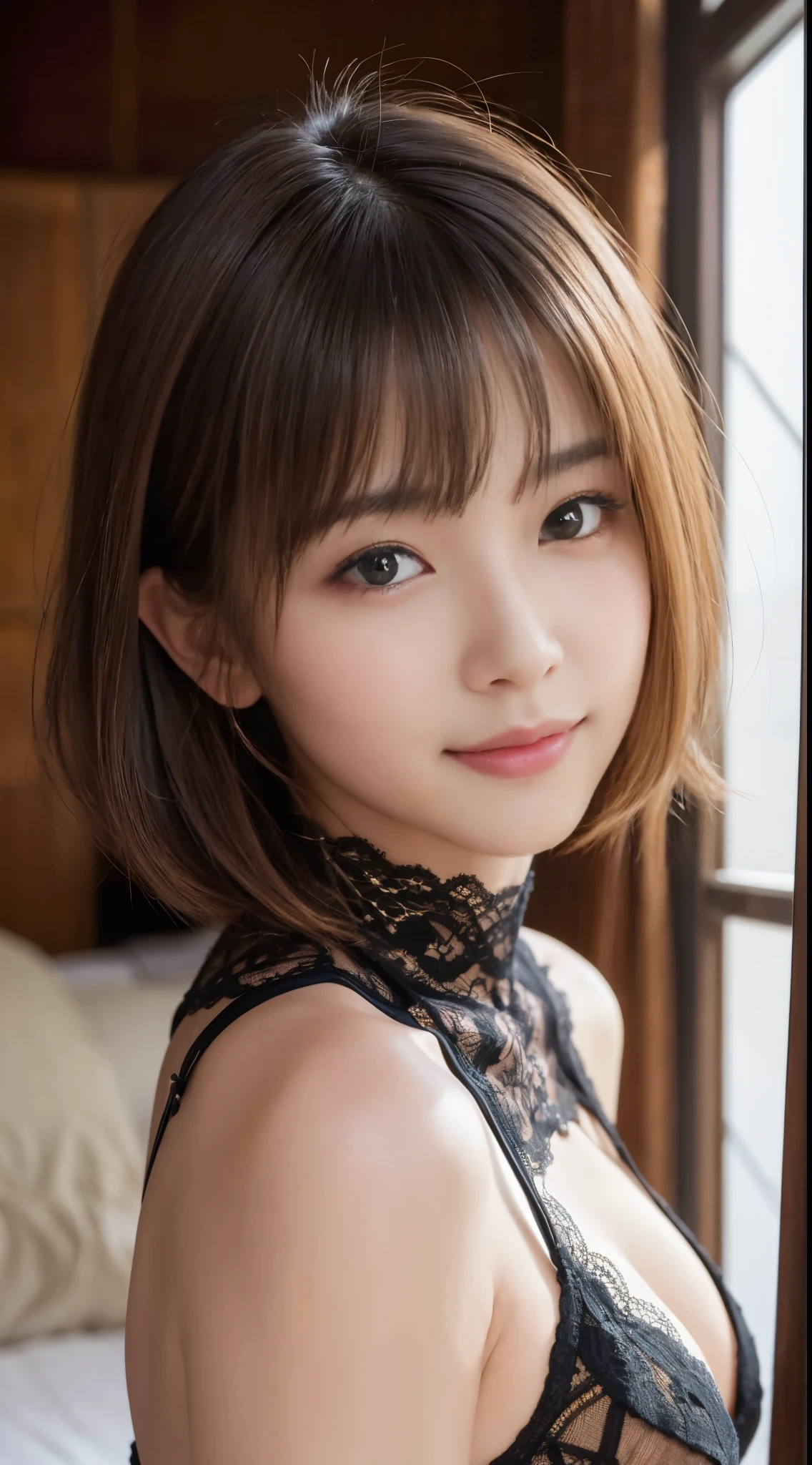 (Very cute 20 year old young woman from Japan), ((delicate hair between brown and blonde)), ((messy side wave short hair)),(((Slender and slender body type))),medium bust size、small tits、 (((Clean hands))),(Curly hair),(((Very sweet smile))), (((she wears black lace panties))),(((she is wearing a black knitted dress))) ((of the highest quality, 16 K, masutepiece: 1.3)), Light on Face, hyperdetailed face, very detailed lips, Detailed eyes,