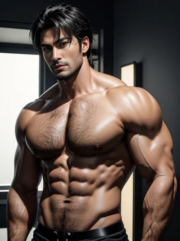 8K，(8K分辨率)，Muscular blacks, cool guy，Sexy, bright and charming eyes，Melancholy Look，Dark skin, Smooth and shiny，chest muscle，chest hair body hair，Raised big breastarechested，Naked，茂密的 hair body hair， white colors，Photos of eighth avatar，Big bag raised and visible，Bad lauest qualtiy，profesional lighting，professional photoshooting，Real photos，realistic model，photorealistic  art