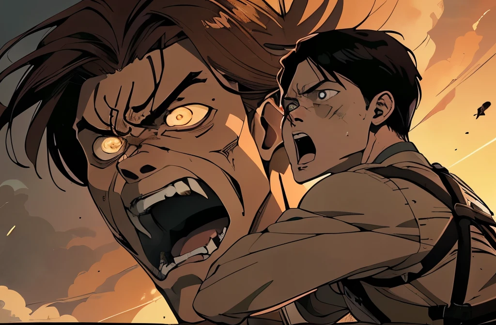 1boy, 1titan, cabelo estilo Sam Winchester, 1boy is being welcomed and protected by 1titan from the attack ((do anime attack on titan)), the protagonist is screaming with hatred for the spectator and the titan (( titan de ataque alto e seus olhos brilhando marrom claro, fierce expression)), is also letting out fierce roar by spectator