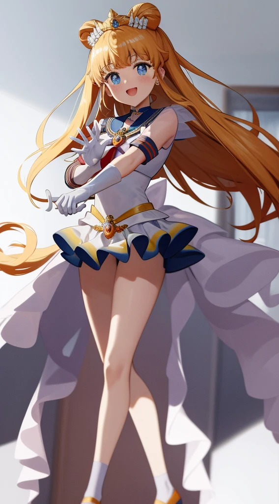 obra maestra, La mejor calidad, absurdos, antomy perfecto, 1girl, solamente, SMMoon, 1990's \(estilo\), Rubia Sailor Luna, En pie, They are smiling, Disparo de vaquero, Uniforme Sailor Senshi, Collar de marinero, falda azul, guantes de codo, en postura de espalda, Show off your loot, Backwards, No hay tanga Big Booty, Ultra minifalda