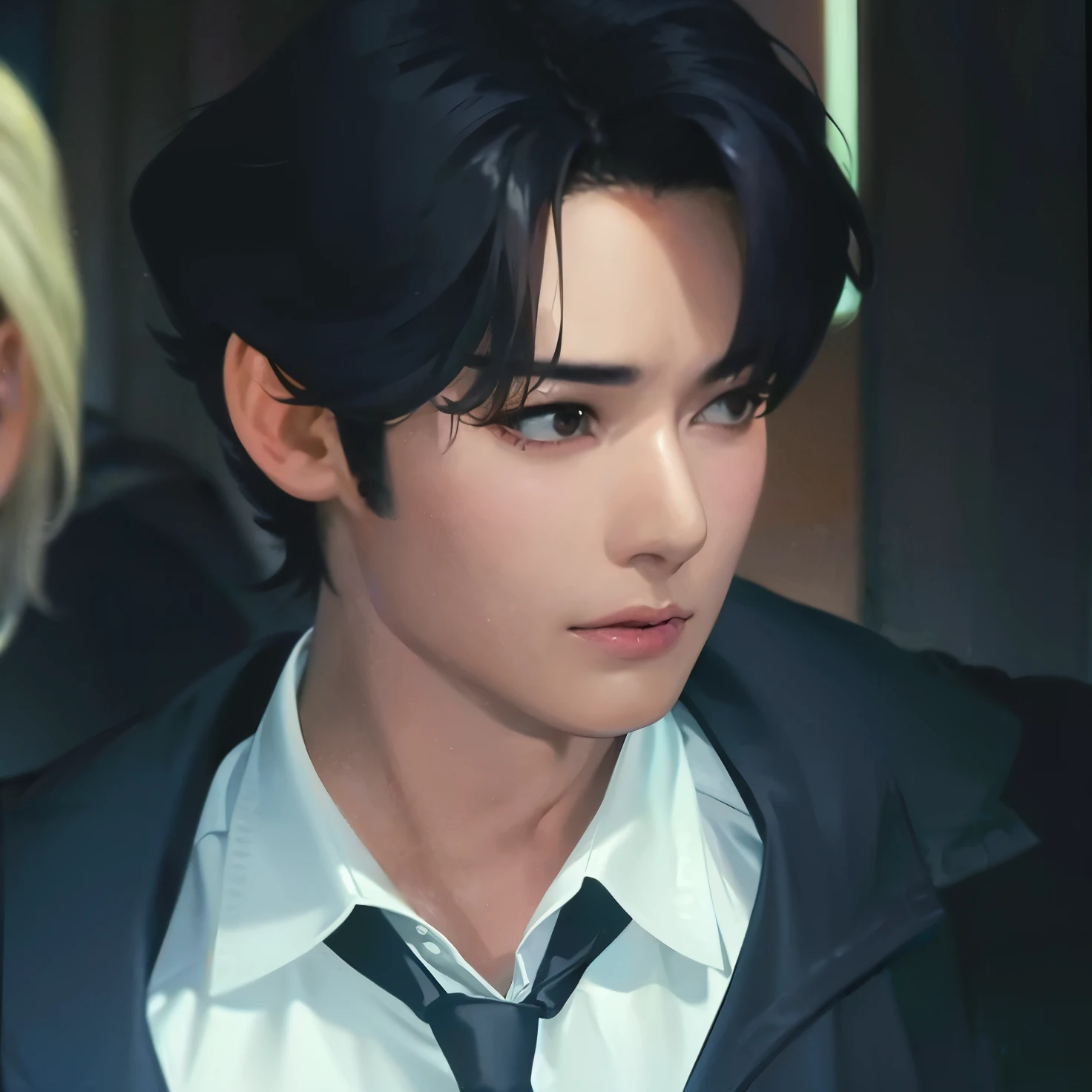Hombre arafed con corbata, camisa blanca y chaqueta negra., Kim Doyoung, Jung Jaehyun, Jinyoung Shin, Mirada seria y triste en sus ojos, Blade de Drain Gang, Taejune Kim, wry smirk, JIA, Es muy amenazante y malvado, Jimin\swollen right eyelid, luciendo confundido