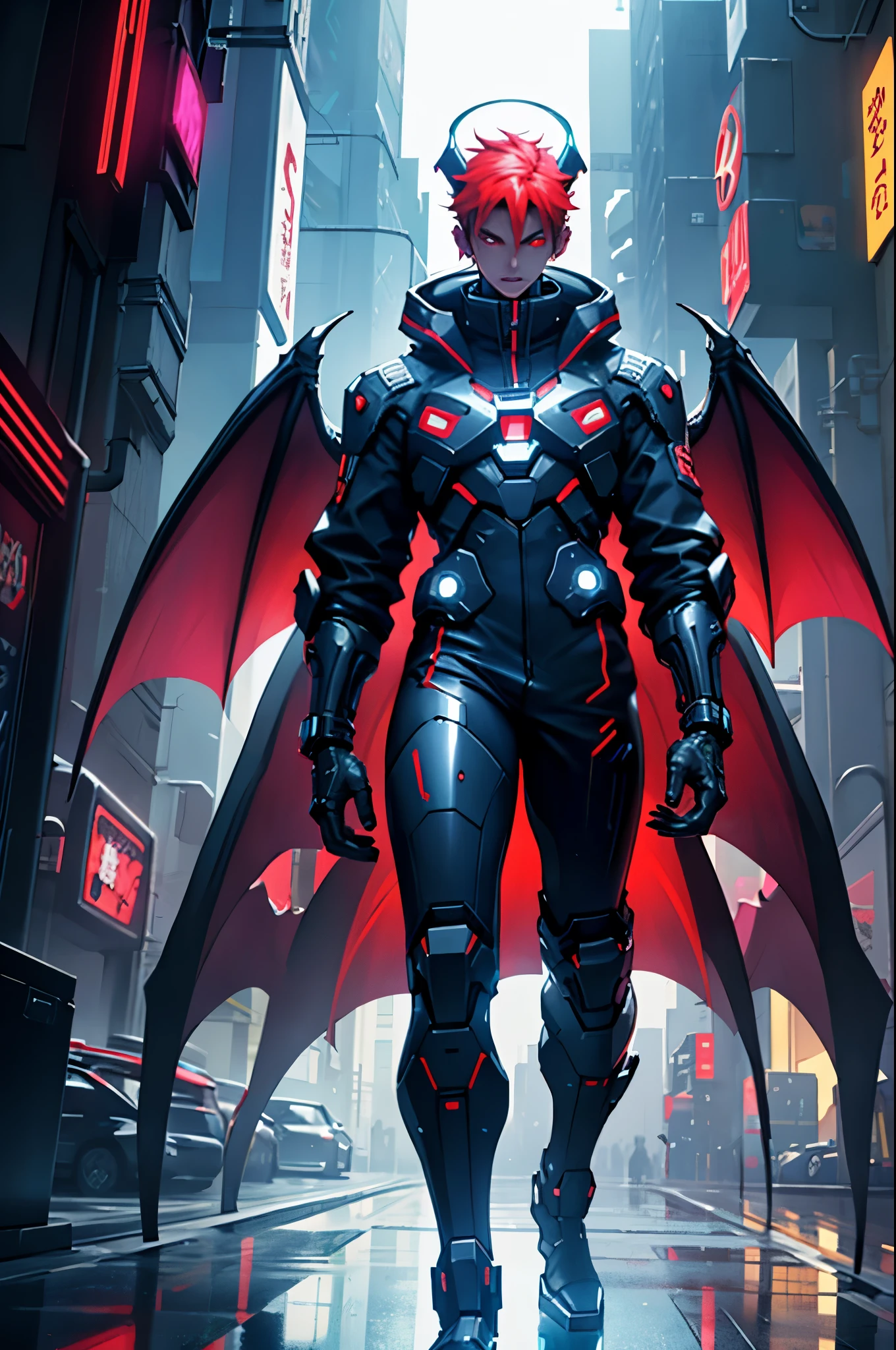 In Cyber punk city, a tall boy standing in angle appearance having devil wings on his back and halo ring over his head , his dress is light with small reflections of golden aura mixed with redness, side portrait,half body, in crowd looking straight, Cyber punk city lighting in background, 3d anime, detailed face, badass looking