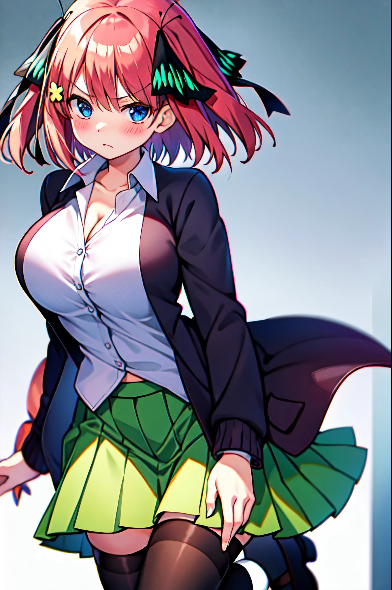 masutepiece, Best Quality, hight resolution, Nakano Nino, 1girl in, Solo, Pink hair, Short hair, busty, butterfly hair ornament, Large breasts, cleavage, Green skirt, Black cardigan,White shirt, Collared shirt, Open your clothes, black thighhighs, Short sleeves, Skirt lift, Looking at Viewer, annoyed, blush, Foot braids, Standing, Remove Background