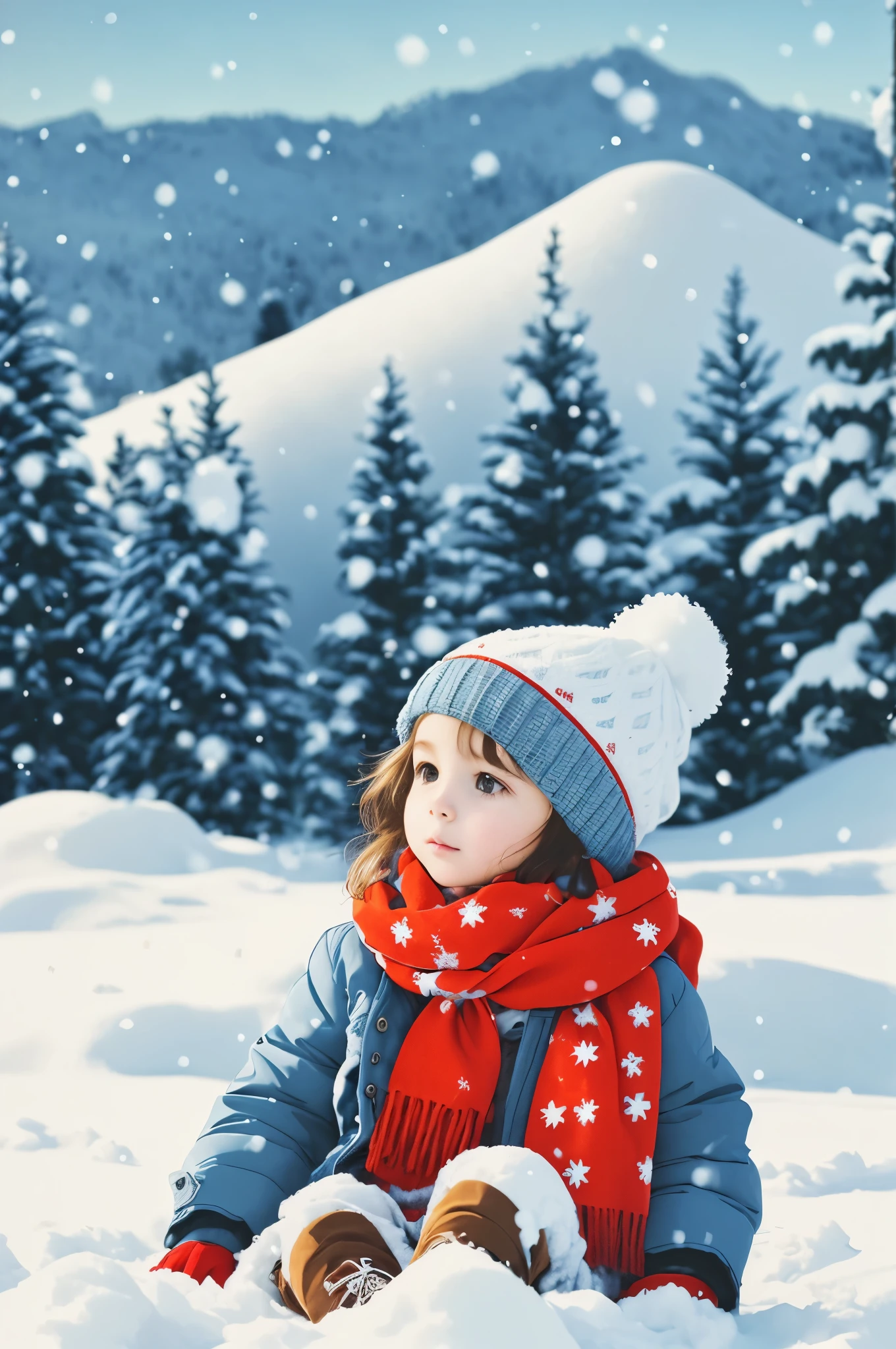 On this quiet snowy day, A cute sitting on the snow. styled, She is wearing a bright red scarf, Wear a stylish woolen hat on your head, and a warm blue cotton jacket. Snowflakes fell on her, Cover her with a thin layer of white. behind the child, A snow-capped pine tree rises from the ground, Add a touch of life to winter scenery.