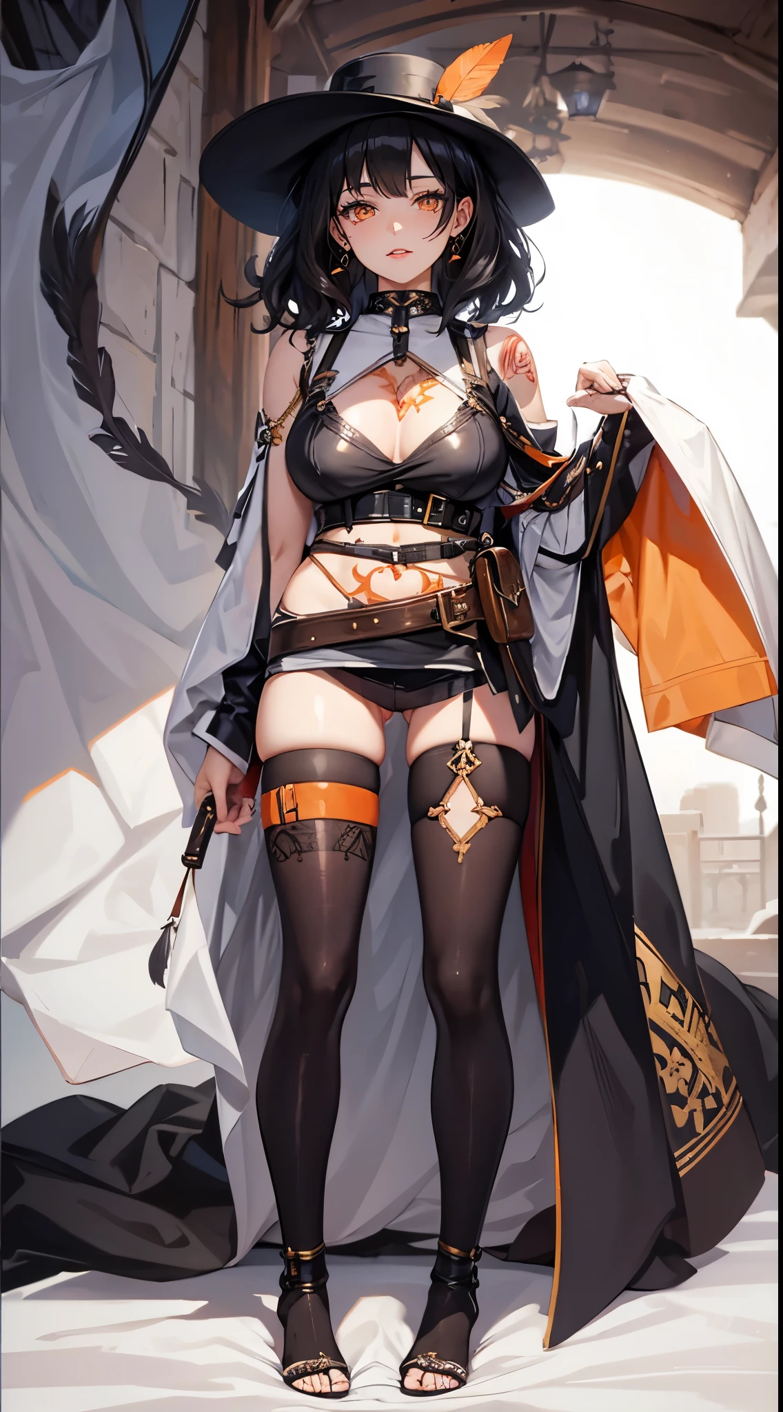 close up, The world of dreams, Imperial sister, short black curly hair,medieval messenger hat,Hat with feathers, Redlip, camisole leather top, short crop top, humanoid creature, medieval town, Her skin is very white, White complexion, Orange eyes, disheveled black hair, obi strip,waist bag, The barefoot,Two black stockings leg tattoo,