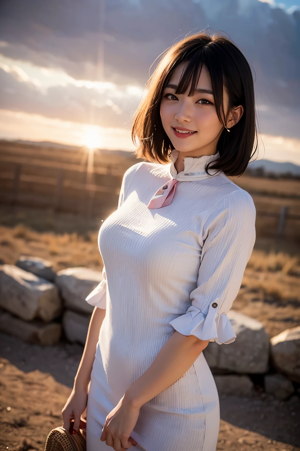 Skin spots: 1.2), (Skin dentation), Black eyes, 1 female, 25 years old, (((Female))), Solo, Real, Best Quality, Photorealistic, Masterpiece, 8K, High Resolution, Solo, Very Detailed Face, (Professional Lighting, Bokeh), (Light particles, Lens flares, Luminous particles: 0.6), (Dynamic Pause: 1.2), Soft Lighting, Top Angle View, fashionable and trendy, Japan, street, Tokyo, Minato, Skytree, Tokyo Tower, (daytime)), Sky, ((Viewers: 1)), (Watch Camera), (Portrait: 0.6), Cowboy shot, gorgeous, standing, keep original facial proportions, wide shoulders, full body, (medium breasted), (medium hair), brown hair, floating hair, lips, lipstickseductive smile, floating hair, smile, open_mouth, teeth, blouse, (floral summer dress: 1), eyelashes, moles, (moles under the eyes: 1),