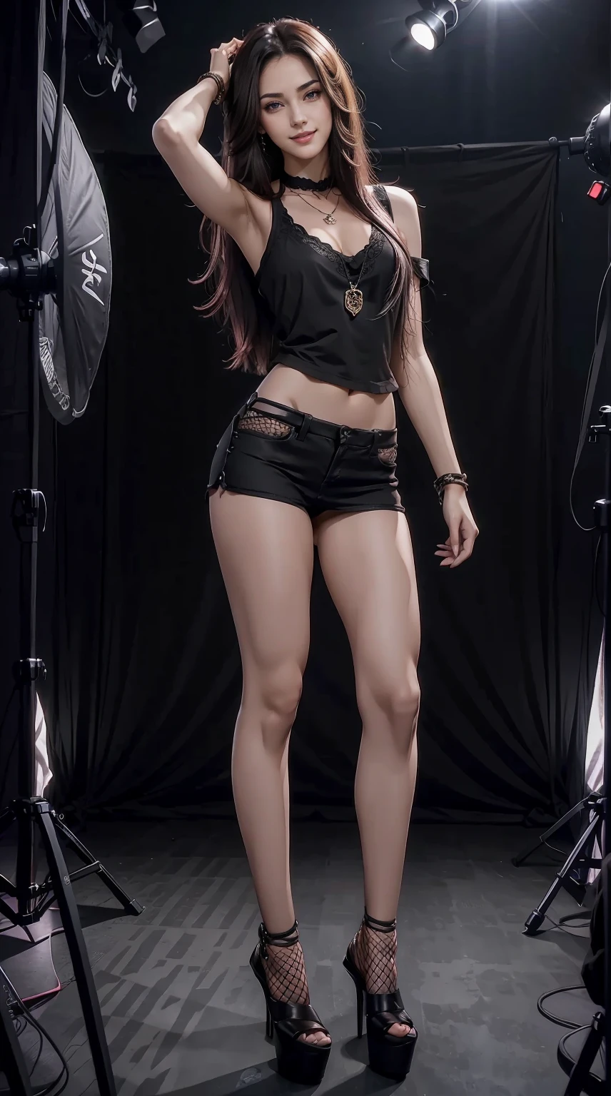 24-year-old woman、Hair color is black、Eye color is dark brown、Longhaire、Straight hair、Slender but well-proportioned muscular man、a smile、I'm wearing a necklace、accessories on wrist、wearing a fishnet shirt、wearing gorgeous high heels、I'm wearing low rises、Being in a photography studio、a smile、wearing a lace choker