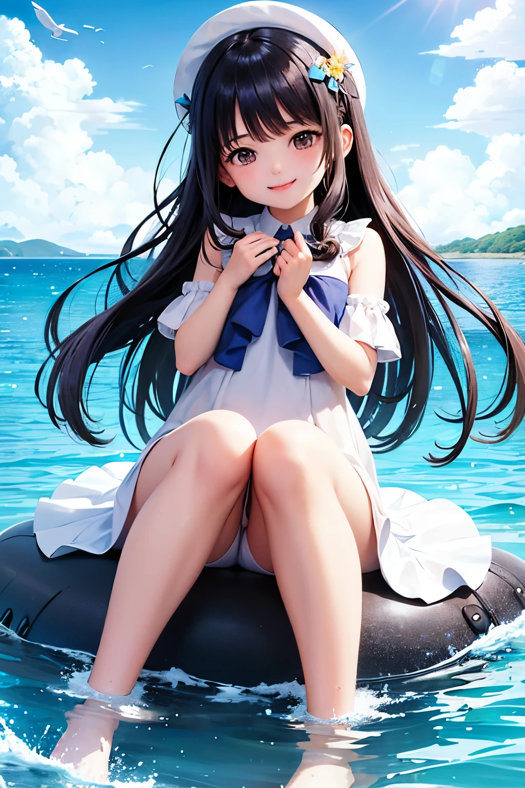 sits on the back of a snow-white whale,The bright sun shines,The sky is as clear as crystal,The blue sea is spectacular。Whales have soft and warm bodies,Comfortable as down,The little girl as bright as the sun,Her long hair flutters in the wind,An innocent smile bloomed on the face。The waves of the sea gently lap around the whale,Turn into snow-white waves,shimmering in the sun,Like a symphony of nature。The whole picture is full of harmony、A beautiful atmosphere of happiness and nature。