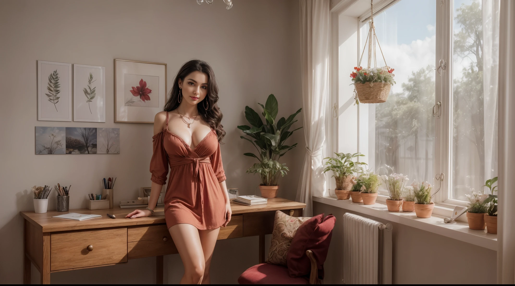 8k, masterpiece, RAW photo, best quality, photorealistic, extremely detailed CG unity 8k wallpaper, Depth of field, Cinematic Light, Lens Flare, Ray tracing, (extremely beautiful face, beautiful lips, beautiful eyes), intricate detail face, ((ultra detailed skin)) 1girl, 17years old, studying in her aesthetic room, deep shadow, [Raiana-Elizabeth-Dilla], pretty girl, (very slim slender fit-muscled body:1.3), ((looking at viewer)),(big smile:1), (sexy ((ultra-short ((red:1.3)) bohemian-style mini-shirt-dress, traditional fashion),(without people in the background:1.3), girl studying in her aesthetic room, cozy atmosphere, natural lighting, vintage furniture, inspiring quotes on the walls, plants and flowers on the windowsill, warm color palette, soft and comfortable seating area, beautiful artwork on the walls, dainty desk accessories, organized bookshelves, a cup of coffee on the table, dreamy curtains, fairy lights, motivational books and stationery, a cozy blanket, a laptop and notebooks on the desk, a peaceful and calm ambiance, serene music playing in the background. beautiful earrings, bracelets, necklace, clear eyes, (pale skin), (big eyeace forward, ((full body cinematic shot)), (black hairs), (looking at viewer:1.3) open breast, very slim, large breasts, touching the breast, highly detailed, ultra realistic,