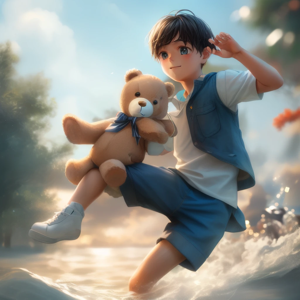 Boy jumping in water holding teddy bear