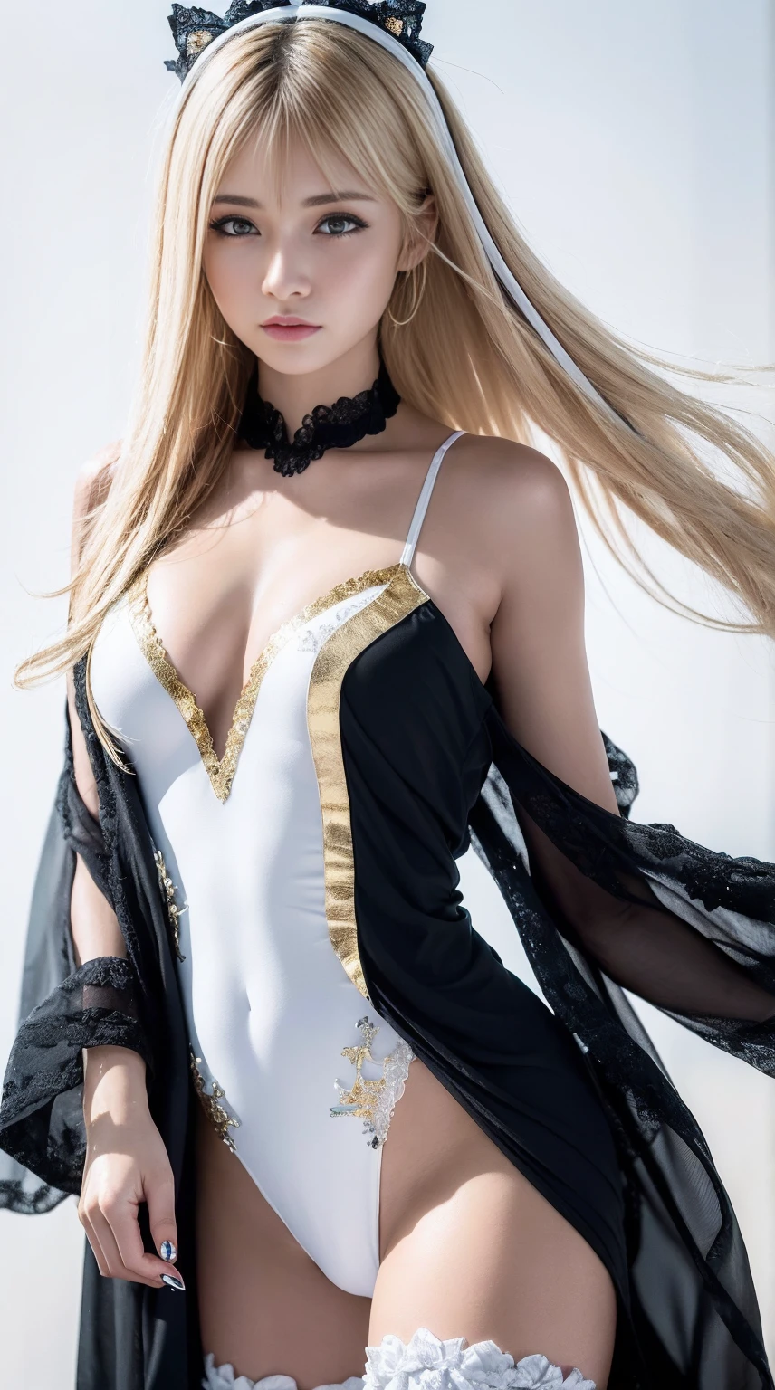 masterpiece,best quality,photorealistic,8K,RAW photo,ultra highres,extremely detailed eyes and face,extremely detailed,absurdres,Professional,1girl,slender,skinny,small breasts,((((melt)))),(((((black and white melt))))),(((wear Black and white Taoist robes))),((((gold and silver lace)))),(((gold and silver lace lace))),(((flowing ((red)) and white background))),extremely detailed gorgeous tiara,stars in the eyes, messy floating hair, colored inner hair, Starry sky adorns hair, (lots of big colorful Bubble), (pearl), (Galaxy), depth of field,1 girl, solo, long sexy legs, wind, show skin, glossy skin, cleavage , intricate details, naughty, slutty, perfect hands, detailed hands, perfect eyes, detailed eyes, (gyaru:1.5), (dynamic pose:0.8), (medium blonde Nadia:1.3), realistic, HDR, UHD, soft focus, wrapped in soft light, nsfw