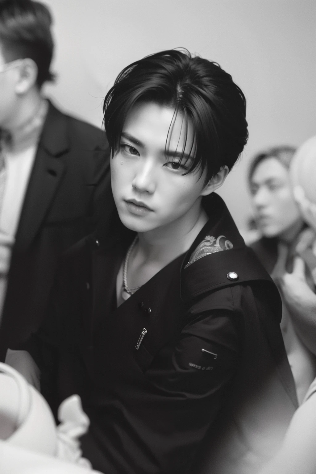 un primer plano de una persona sentada entre una multitud con un sombrero, Jung Jaehyun, wry smirk, por Tadashi Nakayama, Yan, young wan angel, Jinyoung Shin aesthetic, Hyung Tae, Todos del grupo NCT, diez Lee, Daoshi, with high cheekbones, Jinyoung Shin, Mark Lee, por Zhang Han, Yanjun chengt