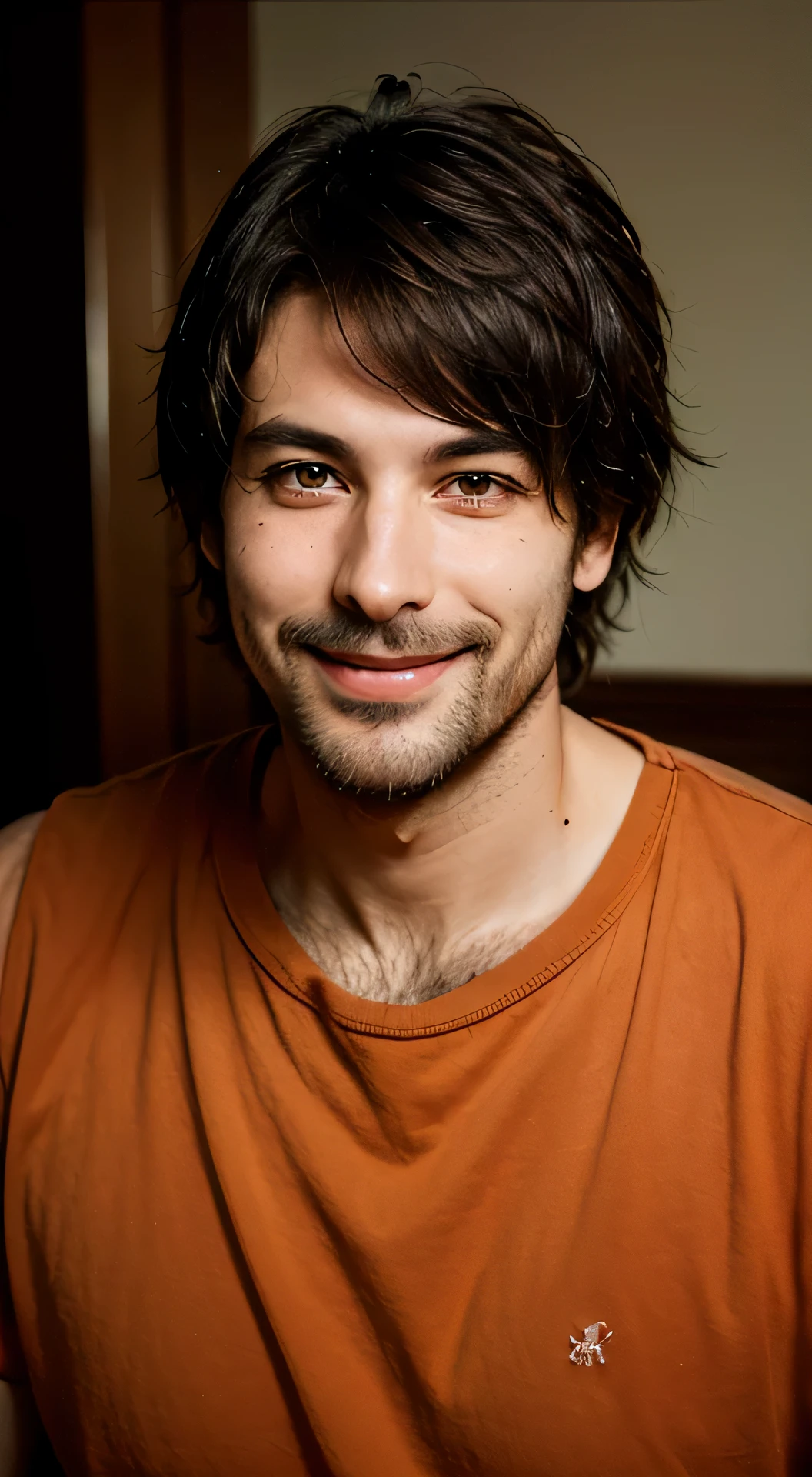 A man with a thin beard looking at the camera with a smile, Portrait, Above the chest