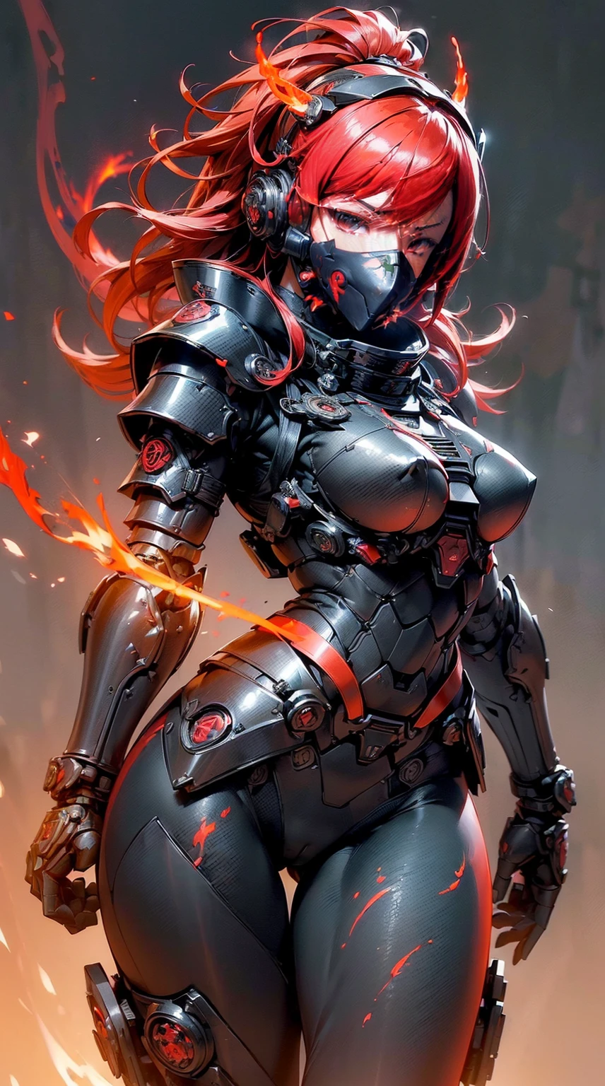 (masutepiece,Extremely detailed, Heavy mechs, hard surface),(concept art:1.1),(Armored Core Style:0.8), A woman wearing ninja robo armor is tying a seal,(full armor:1.4),(tactical ninja mask:1.5),(Red body:1.1),(long legged:1.1),(Equipped with a sword on his back:1.3),(A detailed eye:1.3),(A detailed face:1.3),(Detailed weapons:1.3),(Detailed body:1.3),((full bodyesbian:1.5)),(The background is a crimson flame:1.5),逼真