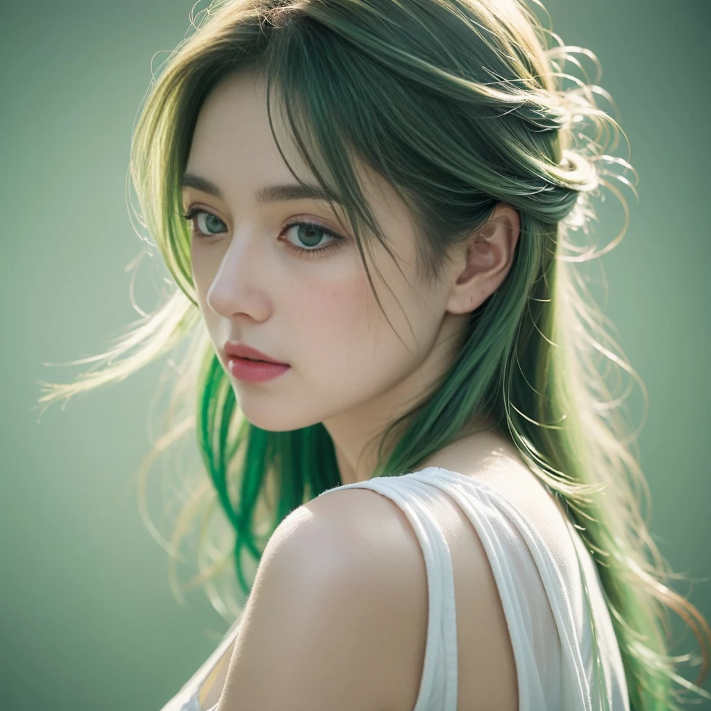 A portrait of a beautiful woman, solo, green eyes, wearing white light green ethereal dress, ethereal beauty, pale skin, smooth pale skin, nice face, light green hair, detailed hair, profile picture, super detailed, 8k