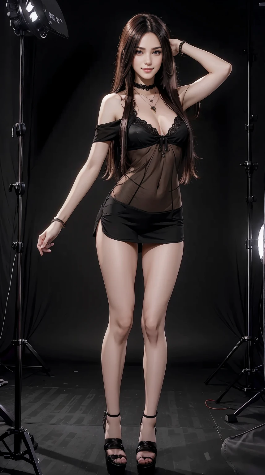 24-year-old woman、Hair color is black、Eye color is dark brown、Longhaire、Straight hair、Slender but well-proportioned muscular man、a smile、I'm wearing a necklace、accessories on wrist、Wearing a transparent net shirt、I'm wearing high heels、I'm wearing low rises、Being in a photography studio、a smile、wearing a lace choker