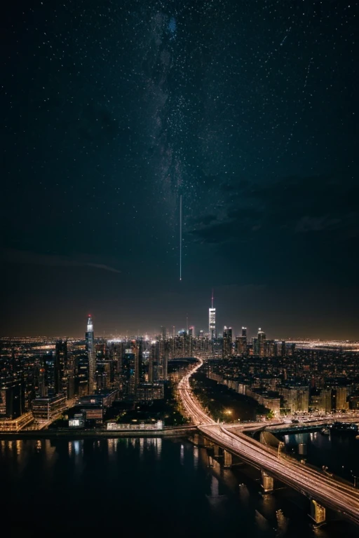 (best quality,highres,masterpiece:1.2),City Night View,night scene,urban landscape,skyscrapers,illuminated streets, bustling city,neon lights,flickering lights,reflecting on the river,spectacular skyline,cityscape,metropolis,buzzing with life,vibrant colors,intricate details,exquisite architecture,modern infrastructure,sleek buildings,tall structures,glowing reflections,traffic trails,hustle and bustle,streets alive with activity,nighttime energy,starlit sky,soft glow,tranquil atmosphere,serene beauty,luminous atmosphere,shadows and highlights,dynamic composition,depth and dimension,alluring ambiance,urban oasis,aesthetic pleasure,visual feast,awe-inspiring view,photographic realism,stunning visual impact,impressive art style,dazzling city lights,dreamlike setting,majestic panorama,surreal beauty