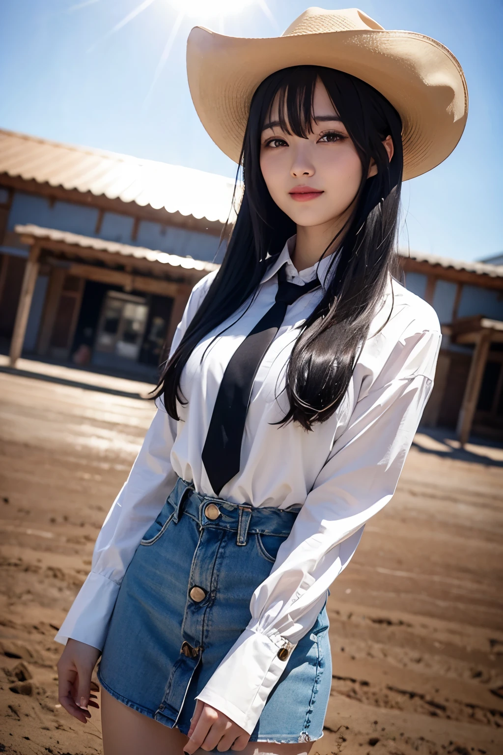 black hair, wince, longeyelashes, solid circle eyes, light smile, ear blush, fang, si, colored inner hair, medium hair, Surrealism, drop shadow, stereogram, Lens flare, atmospheric perspective, ((cowboy shots)), super detail, ccurate, best quality, casual outfit, dslr, High neck tight tie dress,