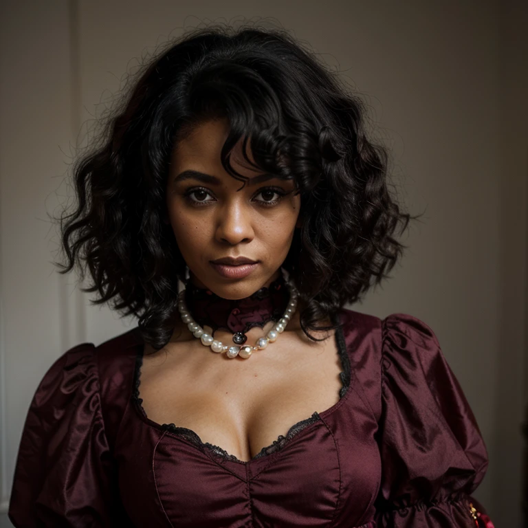 Curly Afro black hair, Victorian, goth, dark skin woman, big red dress, pearls