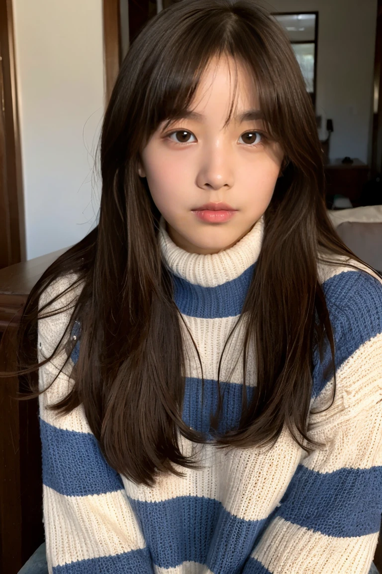 Beautiful girl wearing a patterned turtleneck sweater、14years、Calm face、inside in room、