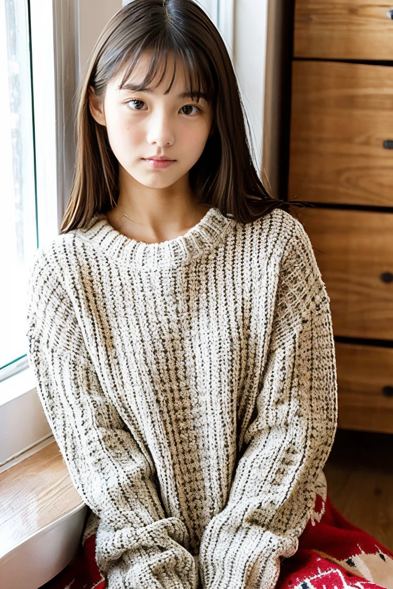 Beautiful girl wearing a turtleneck sweater、14years、Calm face、inside in room、